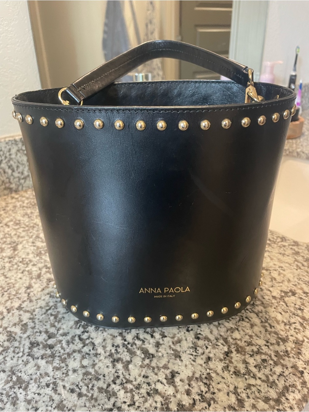 Black Leather Stud-Trim Bucket Bag